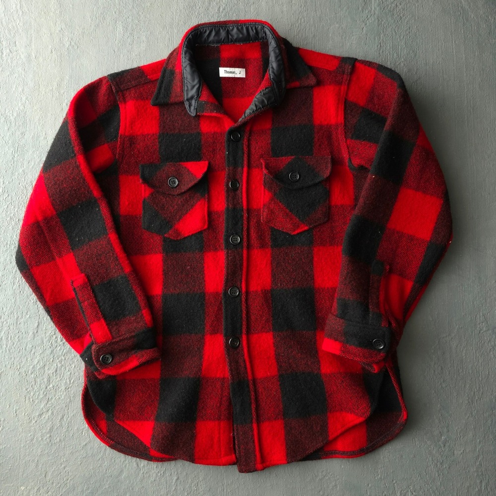Vintage 70s Red Buffalo Plaid Wool Shirt Jacket Small USA Made